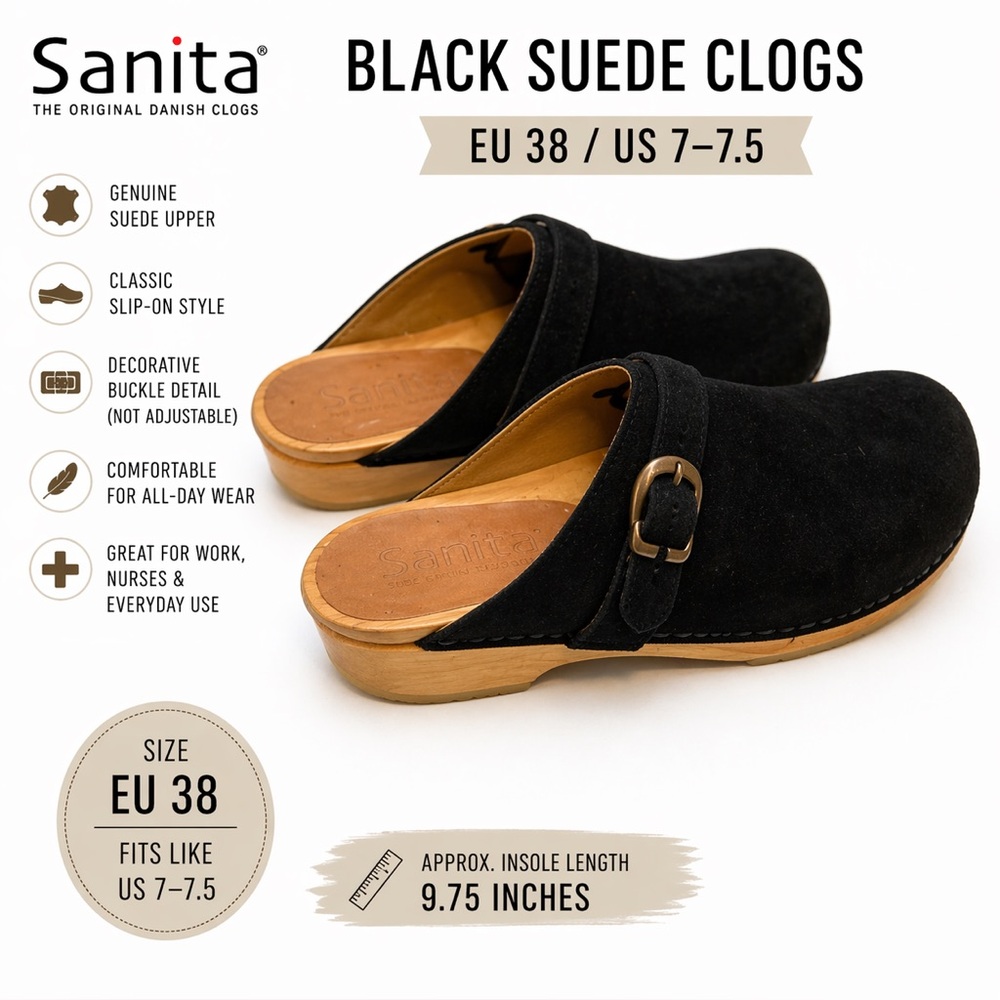 Sanita Black Suede Slip-On Clogs with Buckle